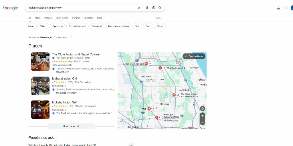 Google search results for Indian restaurant in Glenview
